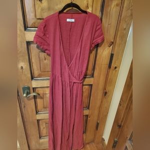 Red 100% linen maxi wrap dress